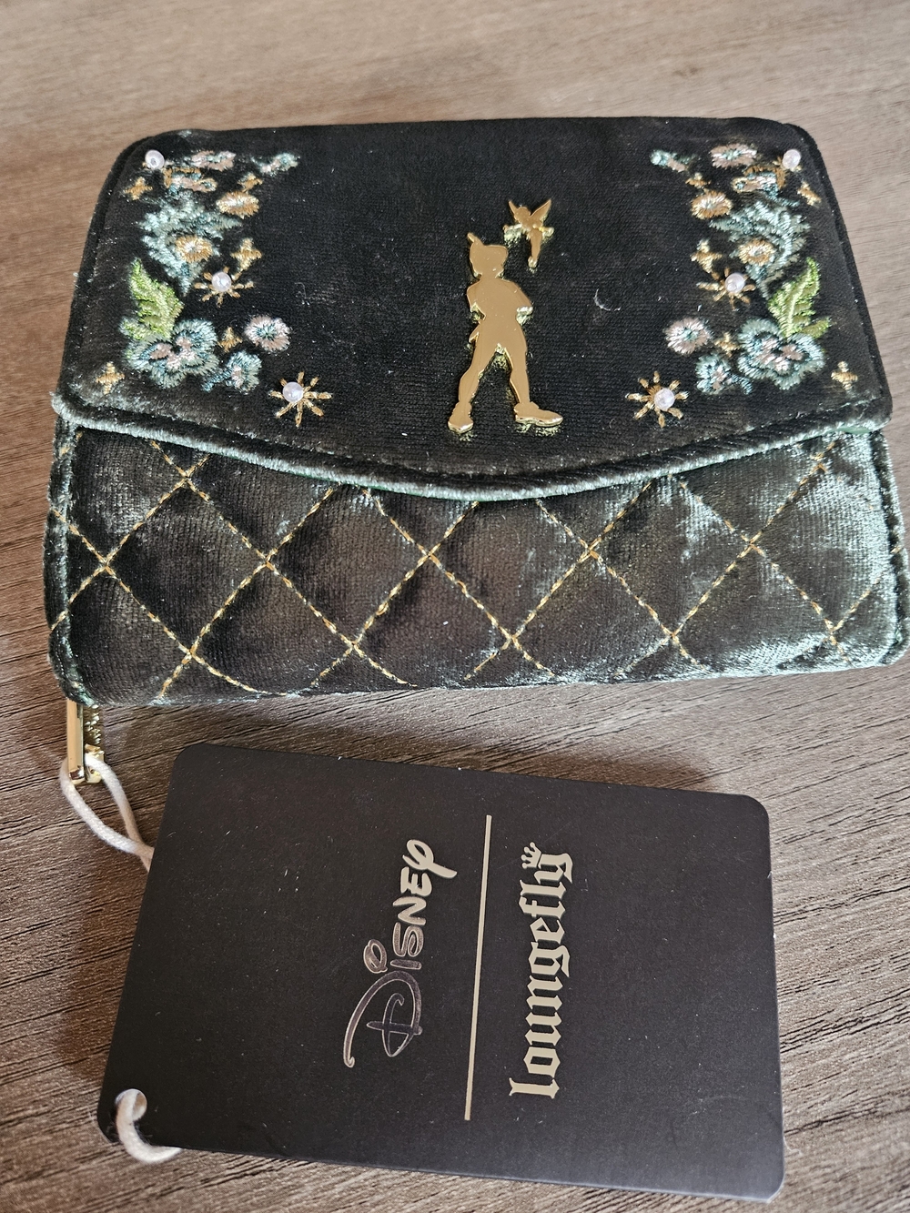 Disney Loungefly Green Velvet Peter Pan Quilted Wallet with Gold Accent